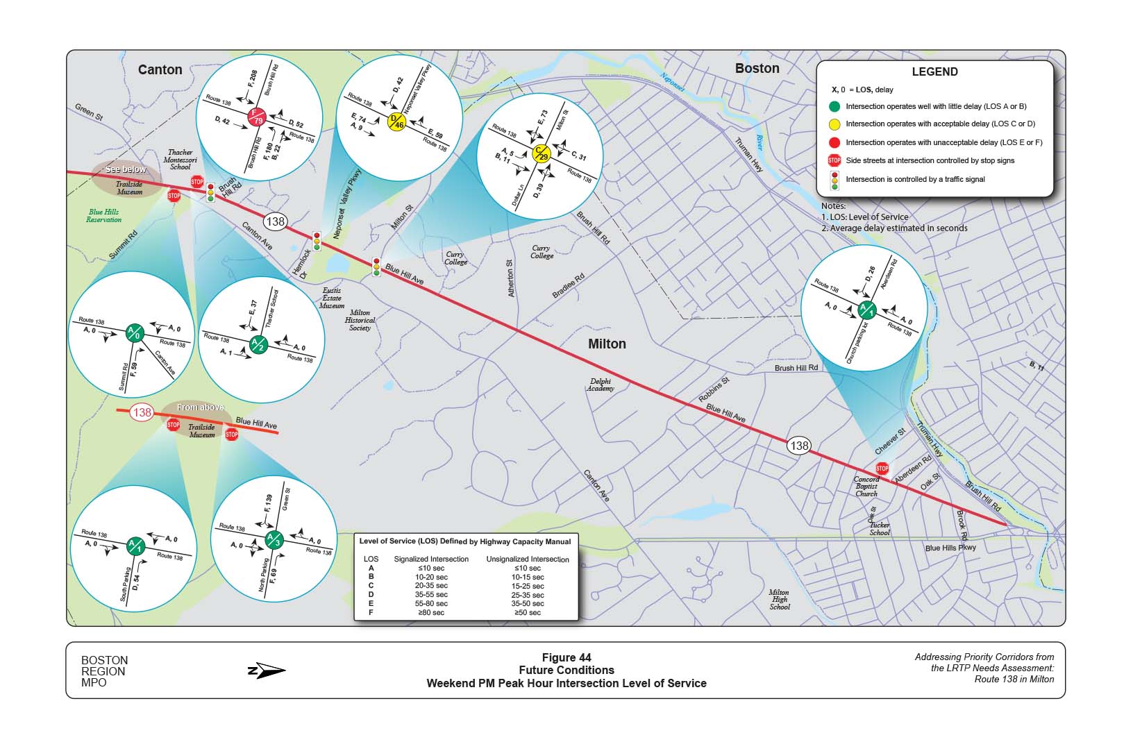 Figure 44 is a map of the study area with diagrams showing future conditions LOS by intersections on Route 138 during the weekend PM peak period.